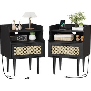 Rattan Nightstand Set Of 2, Bedside Table With Drawer and 2 Open Storage Shelves - Picture 1 of 7