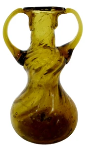 Vintage Pilgrim Art Glass Vase Amber Color Swirl Pattern Applied Handles 4 1/4" - Picture 1 of 6
