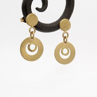 Unique 18K Gold Dangle earrings Round Discs Gold Posts - Handmade Fine Jewelry - Image 1 of 4