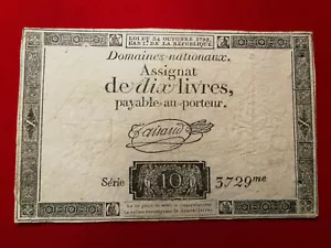ASSIGNAT de DIX 10 LIVRES / Loi du 24 octobre 1792 / Série 3729 / signé Taisaud - Picture 1 of 2