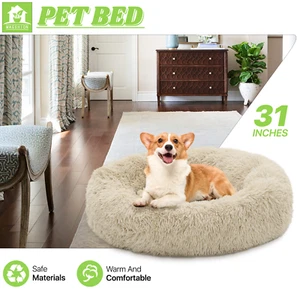 Pet Bed Long Plush Round Mat Soft Puppy Cat Self Warming Calming Cuddler Cushion - Picture 1 of 10