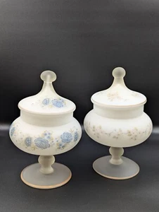 2x Vintage Floral Norleans Italy Frosted Glass Lidded Jars Bon Bon Apothecary - Picture 1 of 13