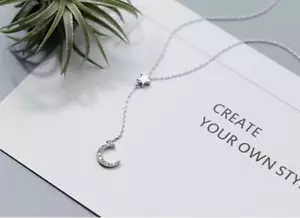 Pave Cubic Zirconia Silver SP Moon Star Tassel Pendant Choker Necklace - Picture 1 of 3