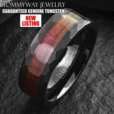 Black Brushed Faceted Tungsten Carbide Red Flowing Sand Wedding Band Ring - Image 1 of 4