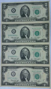 1976 UNCUT SHEET OF 4 $2 TWO DOLLAR STAR  NOTES Boston A00689508* - Picture 1 of 3
