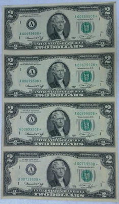 1976 UNCUT SHEET OF 4 $2 TWO DOLLAR STAR  NOTES Boston A00689508* - Image 1 of 3