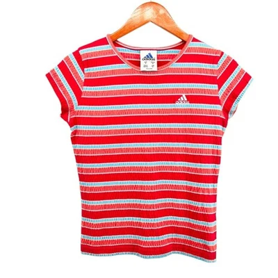 Vtg Y2K Adidas Striped Logo Crinkle Knit Tee Sz M Red Blue 90s Sportswear Cotton - Image 1 of 4