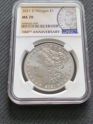 RARE DENVER PERFECT  100th Anniversary Morgan Silver Dollar Coin NGC MS70 2021-D - Image 1 of 4