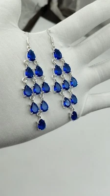 Pendientes de zafiro azul claro hechos a mano - joyería de piedras preciosas chapadas en plata regalo Foto 1 de 4