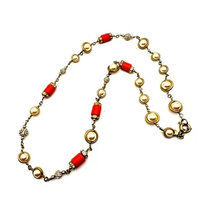 J. CREW NECKLACE Gold Tone Faux Pearl Pavé Balls Rhinestones Orange Pops - 28" - Picture 1 of 5