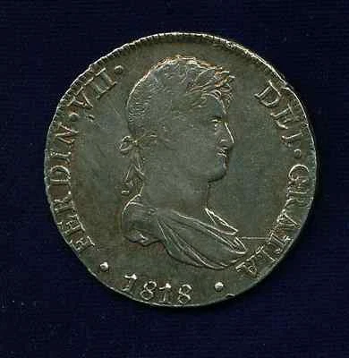 PERU SPANISH COLONIAL FERDINAND VII 1818-JP 8 REALES SILVER COIN, XF+ - Image 1 of 4