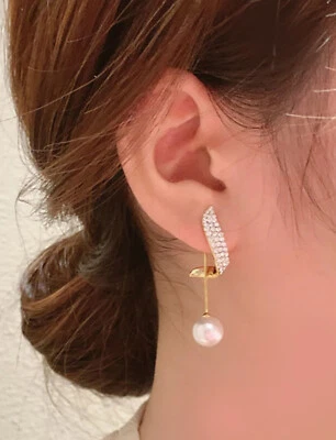 Elegant Pearl Gold Metal Crystal Rhinestone Dangle Drop Earrings (#BE1) - Image 1 of 2