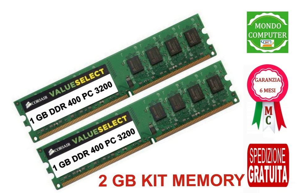 2 GB (2 X 1GB) MEMORIA/RAM DDR 400Mhz PC3200 VS1GB400 PC FISSO CORSAIR SELECT - Immagine 1 di 1