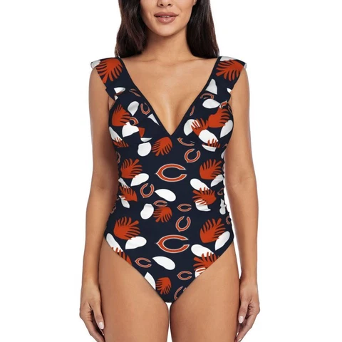 Chicago Bears Women's Ruffle One Piece Swimsuit Hawaiian Printed Swimsuit Cover