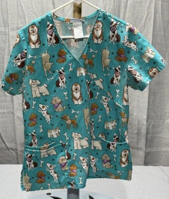 Scrubs Top Size Small Dogs Dog Bones Teal  - Image 1 of 4