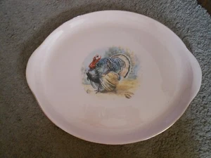VTG PINK GLAZED THANKSGIVING TURKEY PLATTER, TAB HANDLES - Picture 1 of 7