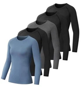 5 Pack Women's Compression Shirt Long Sleeve Workout Medium 3black+grey+blue - Picture 1 of 8