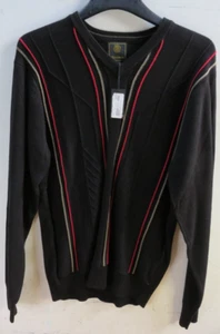 F/X Fusion Intarsia Black Pullover V-Neck M Sweater w/ Red/Tan Stripes NWT NOS - Picture 1 of 4