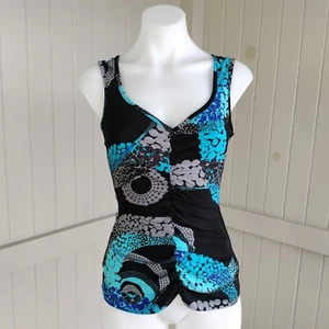 Vintage Y2K 2000s Tank Top Size 8 Black Blue Ruched Singlet Psychedelic Abstract - Picture 1 of 9