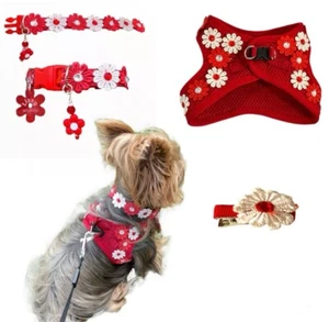 HARNESS ADJUSTABLE set of Collars, Bow and Harnes for Dogs  with Red Flower Cute - Picture 1 of 22
