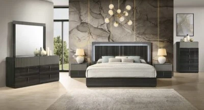 NEW 5PC Modern Italian LED Queen King Gloss Black Contemporary Bedroom B/D/M/N/C - Image 1 of 4