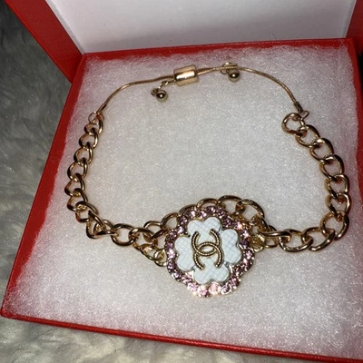 Chanel CC Gold White Flower Up Cycled Repurposed Stamped Unbran Bracelet - Image 1 of 4