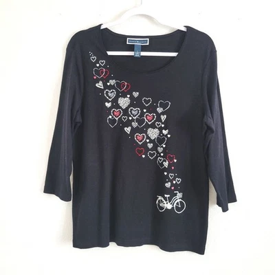 Karen Scott Women 3/4 Sleeve  T-Shirt Top Black with Rhinestone Hearts Size L - Image 1 of 4