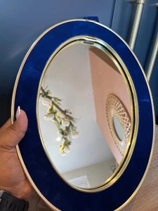 Vintage Cideart Oval Upholstered Mirror | Blue Velvet Fabric Wall Mirror - Picture 1 of 9