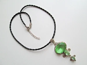 Green Crystal Silver Choker Necklace on Black Cord, Antique Look Pendant. - Picture 1 of 8