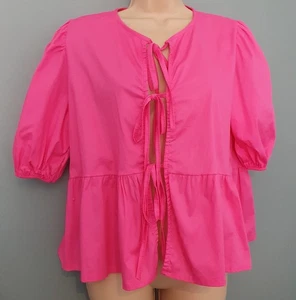 Made In Italy BNWOT Size 12 14 Cerise Pink Short Puff Sleeve Tie Front Top ! - Picture 1 of 5
