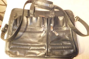 Perry Ellis Black Leather Briefcase laptop Attache Messenger Bag VERY NICE! - Picture 1 of 5