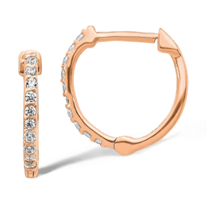 14K Solid Rose Gold Diamond Round Huggie Small Hoop Earrings - Picture 1 of 3