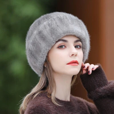 Women's Ladies Real Mink Fur Hat Top Hat Winter Warm Beanie Bowler Hat Ski Cap - Image 1 of 4
