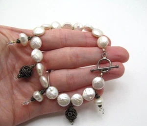 Vintage 925 Sterling Silver Pebble Pearl Filigree Bead Toggle Bracelet 8.5 Inch - Picture 1 of 8