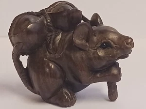 Antique Japanese Carved Box Wood Netsuke Mouse Rat With Rice Bails Artist Signed - Picture 1 of 10
