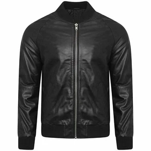 Men's Black Lambskin Leather Bomber Jacket with Shirt Style knit Collar & Waist - Picture 1 of 6