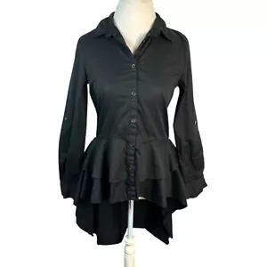 Vintage Carole Christian schwarzes Hemd mit Knöpfen Lagenlook Schößchen hoher/niedriger Saum Gr. S - Bild 1 von 10