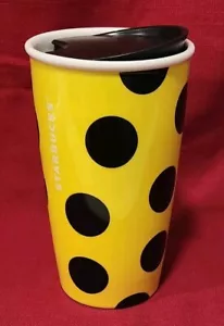 2015 STARBUCKS Yellow w/Black Polka Dots Ceramic Travel Mug 12oz NWOT MINT - Picture 1 of 8