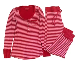 VICTORIA’S SECRET red pink silver Henley PAJAMA Set Long Sleeve/ Pants Small - Picture 1 of 9