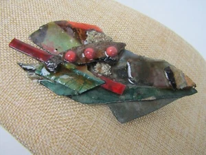 80s Paper Mache Brooch Turquoise Pink Abstract Geometric Avant-Garde Pin VTG - Picture 1 of 6