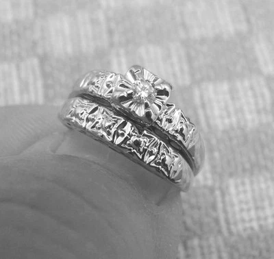 JUEGO DE BODA DIAMANTES MEDIADOS SIGLO ORO BLANCO 14K VINTAGE (talla 6,25) Foto 1 de 4