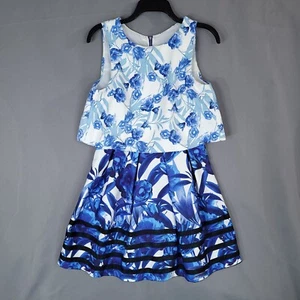 Women's Shift Dress Midi Overlay Floral Pleated Sleeveless Blue Size M - Picture 1 of 11