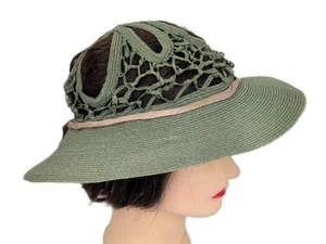 Vintage 1930s Beach Sun Hat Cello-Straw Green Wide Brim Cut-Out Crown - Picture 1 of 8