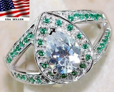 3CT Treated Emerald & Topaz 925 Solid Sterling Silver Ring Sz 6 U4-7 - Image 1 of 3