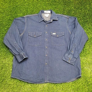 Vintage CARHARTT Denim Snap Button Shirt Large 26x32 Dark Wash Western - Picture 1 of 14