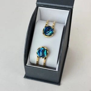 Ariki Blue Paua Shell New Zealand Bracelet Hinged Cuff Gold Tone Beachy in Box - Picture 1 of 9