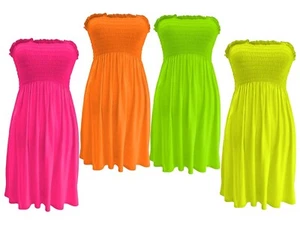 Womens Neon Sheering Boobtube Tops Bandeau Strapless Summer Mini Dress 8-16 - Picture 1 of 5
