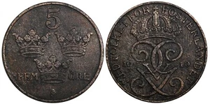 Sweden Gustaf V 1910 5 Öre Mintage-30,630 RARE KEY DATE KM# 779.2 (20 613) - Picture 1 of 3