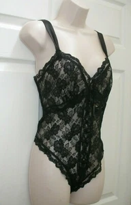 Women's Medium Black Bodysuit Intimate Apparel Lace Semi Sheer Vintage - Picture 1 of 5