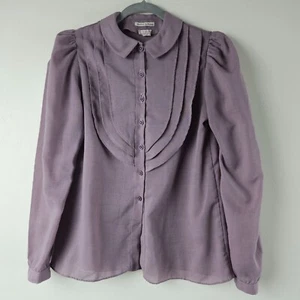 VINTAGE RUFFLED BUTTON UP BLOUSE Womens L Puff Sleeve Collar Cottagecore Country - Picture 1 of 11